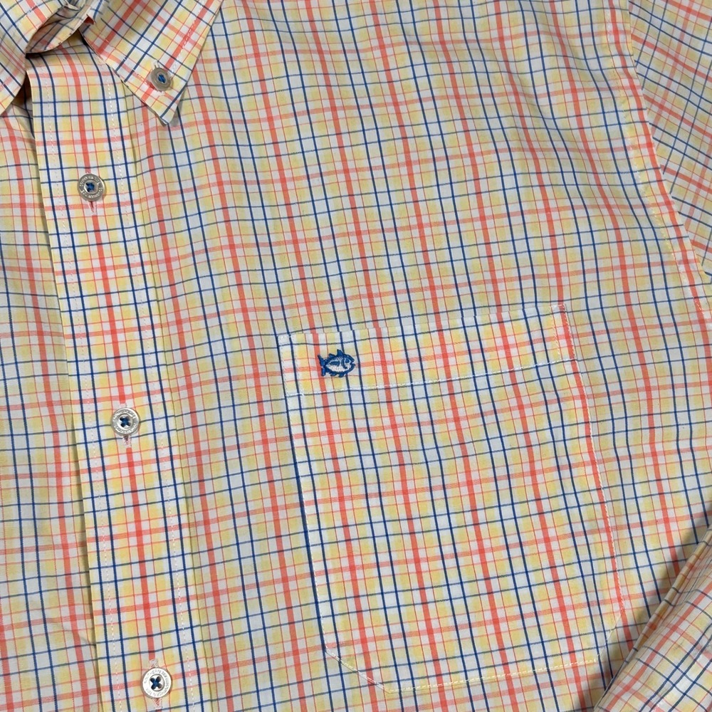 Southern Tide Button Down Shirt Mens Large Tattersall Check Orange Yellow Blue - Picture 3 of 14